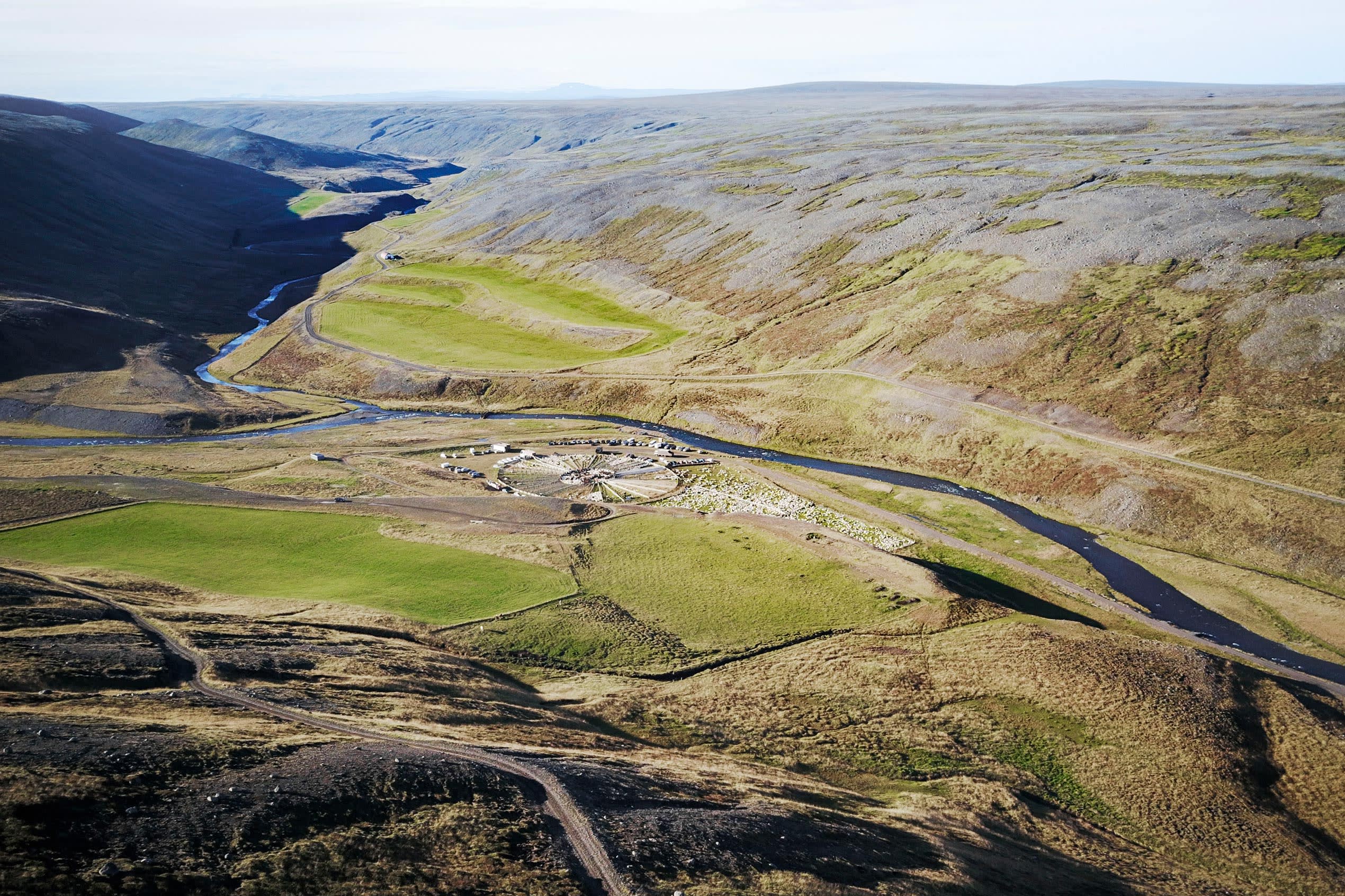 an aerial view of Stafnsrétt in Iceland