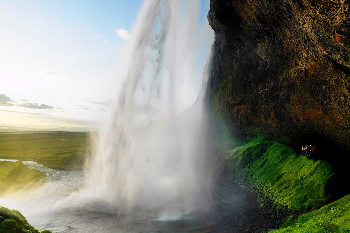 Seljalandsfoss waterfall in the South of Iceland, pictured on a bright summers day