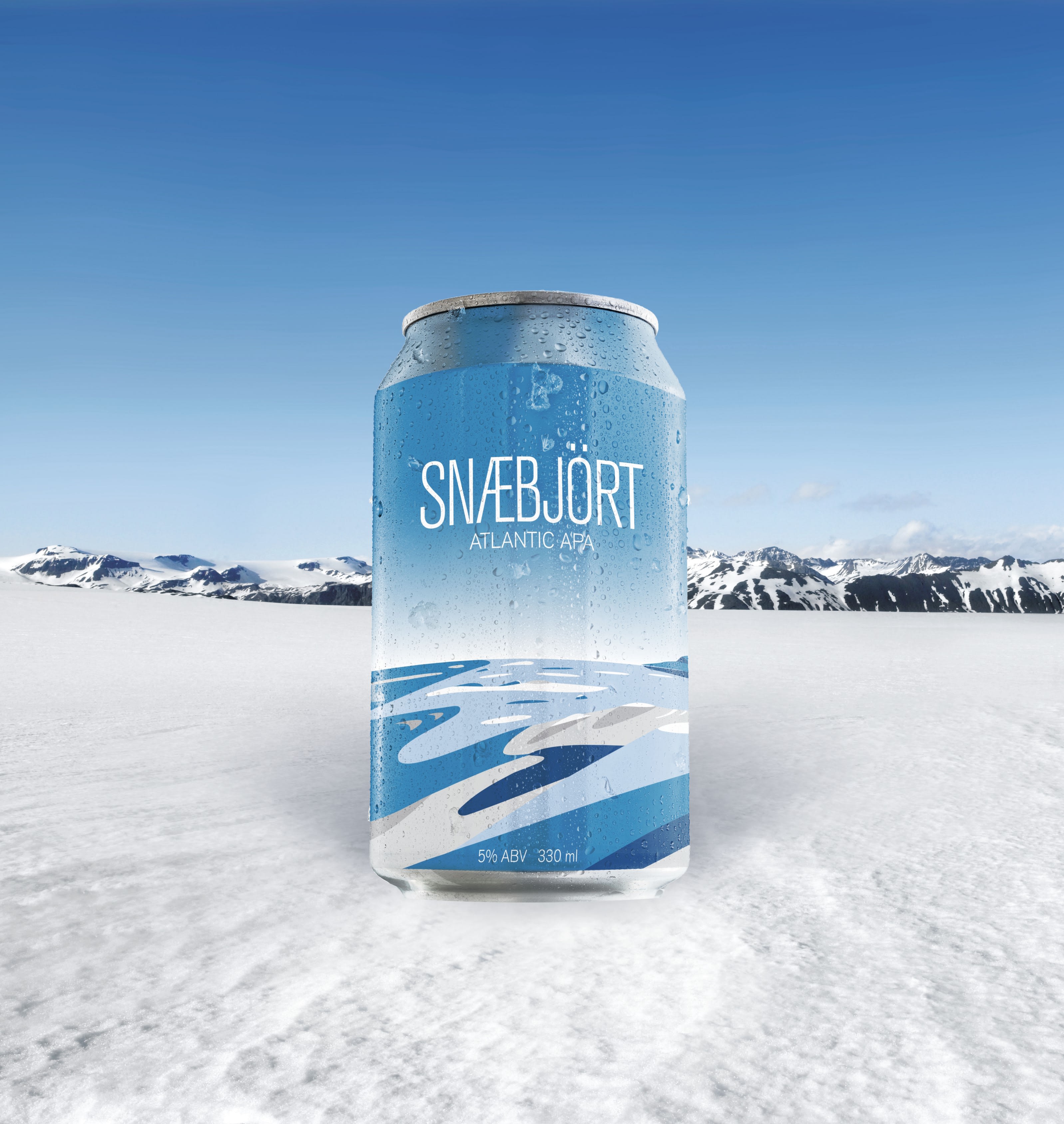 a can of Snaebjort beer pictured in the icy and cold landscape in Iceland