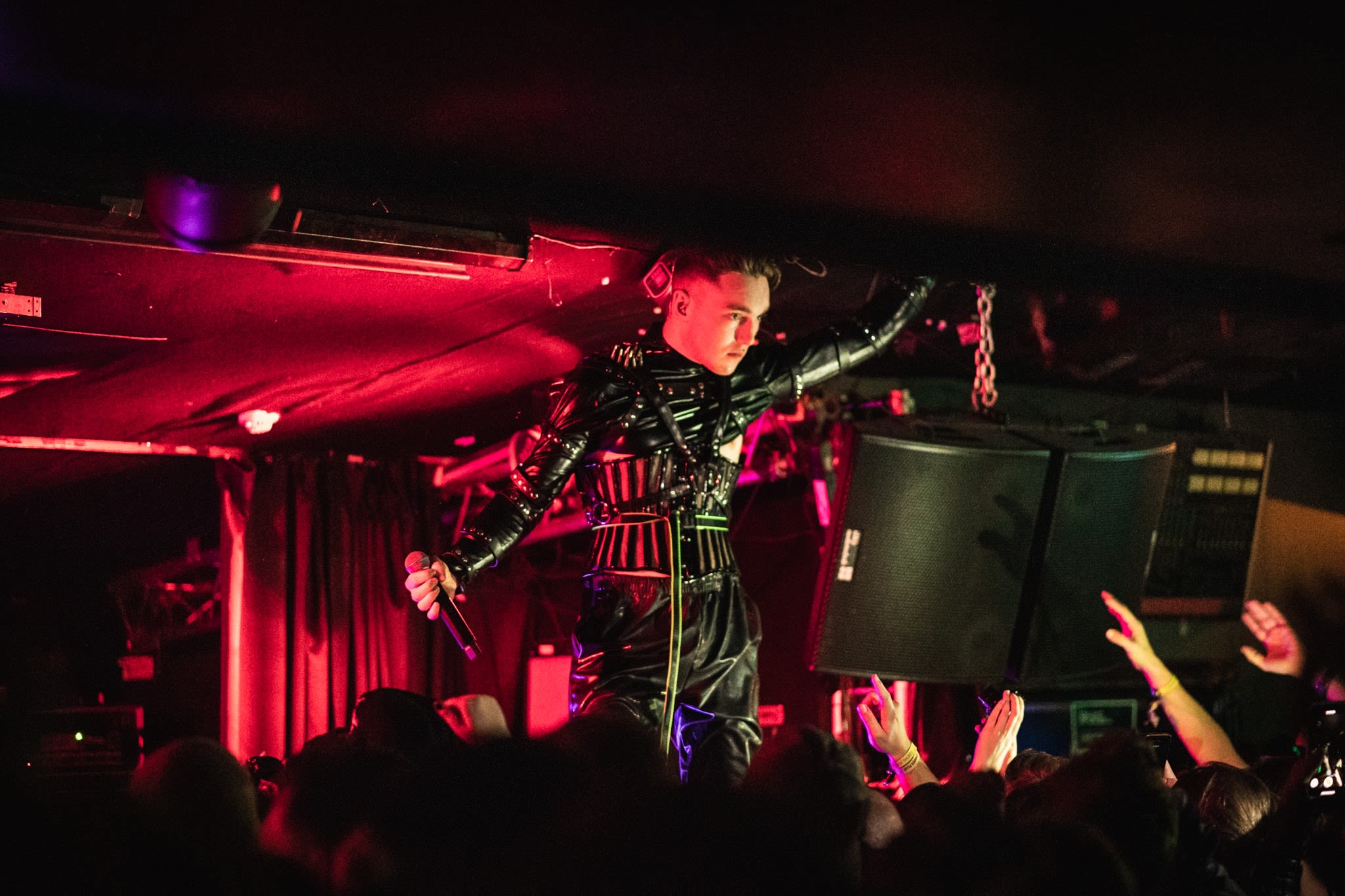 Icelandic artists, Hatari, performing to a lively crowd at Iceland Airwaves 2019