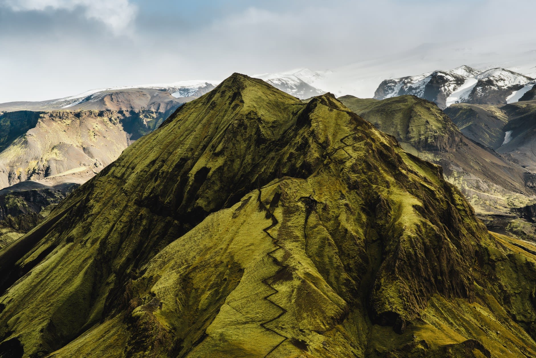 An aerial view of Rjupnafell mountain and it's twin peaks