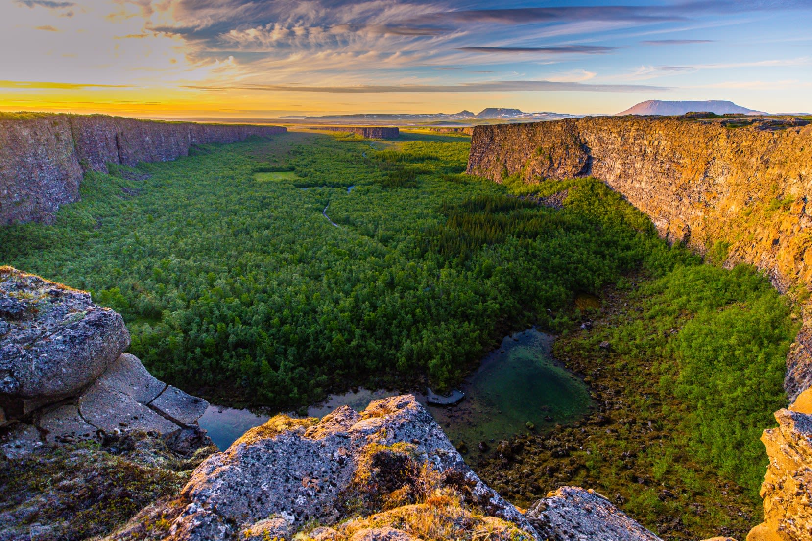 Asbyrgi canyon in North Iceland, the horseshoe shaped canyon, pictured on a bright summers day