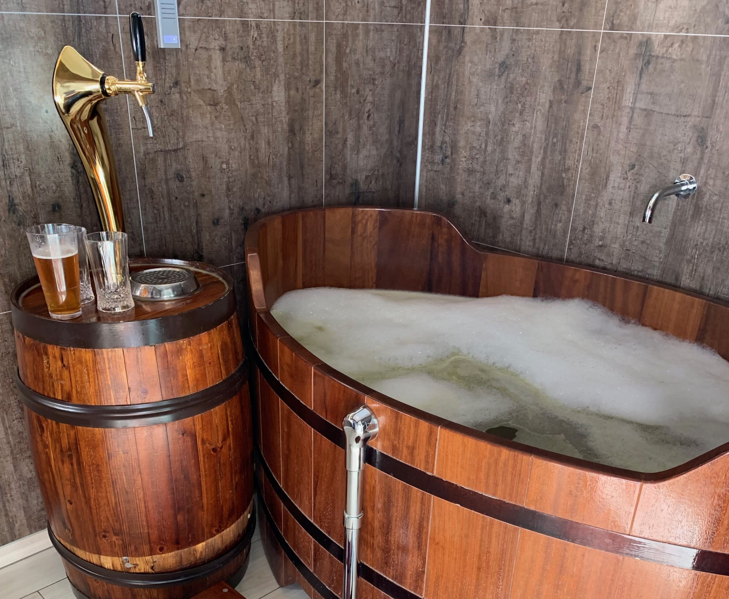 Inside the beer bath room at Bjorbodin Spa in North Iceland
