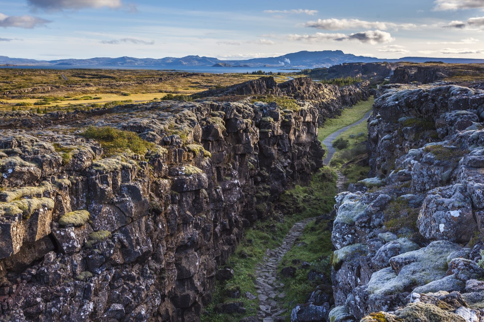 The spot where two tectonic plates meet, at Thingvellir in Iceland