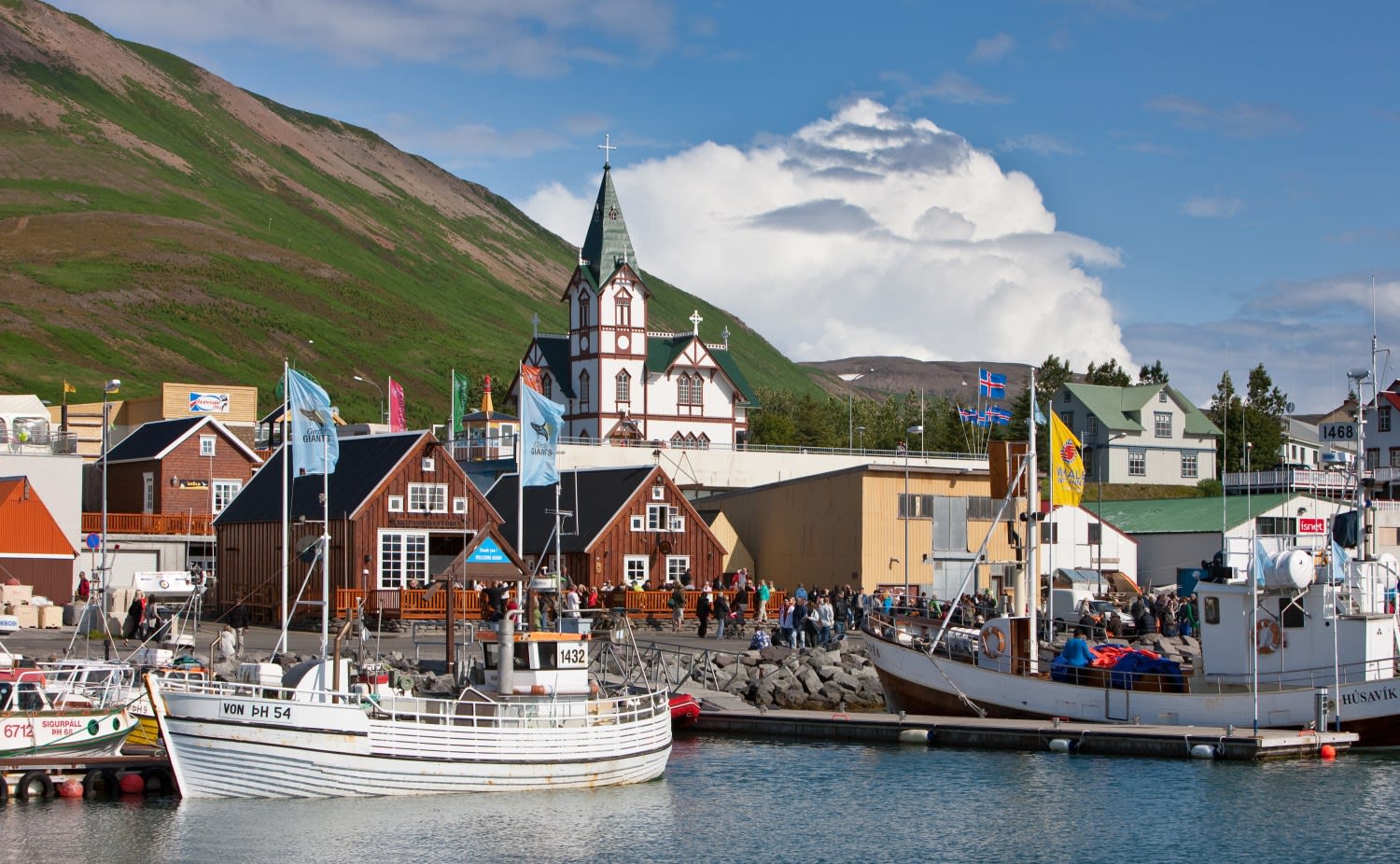 A view of the town of Husavik in North Iceland, pictured from sea