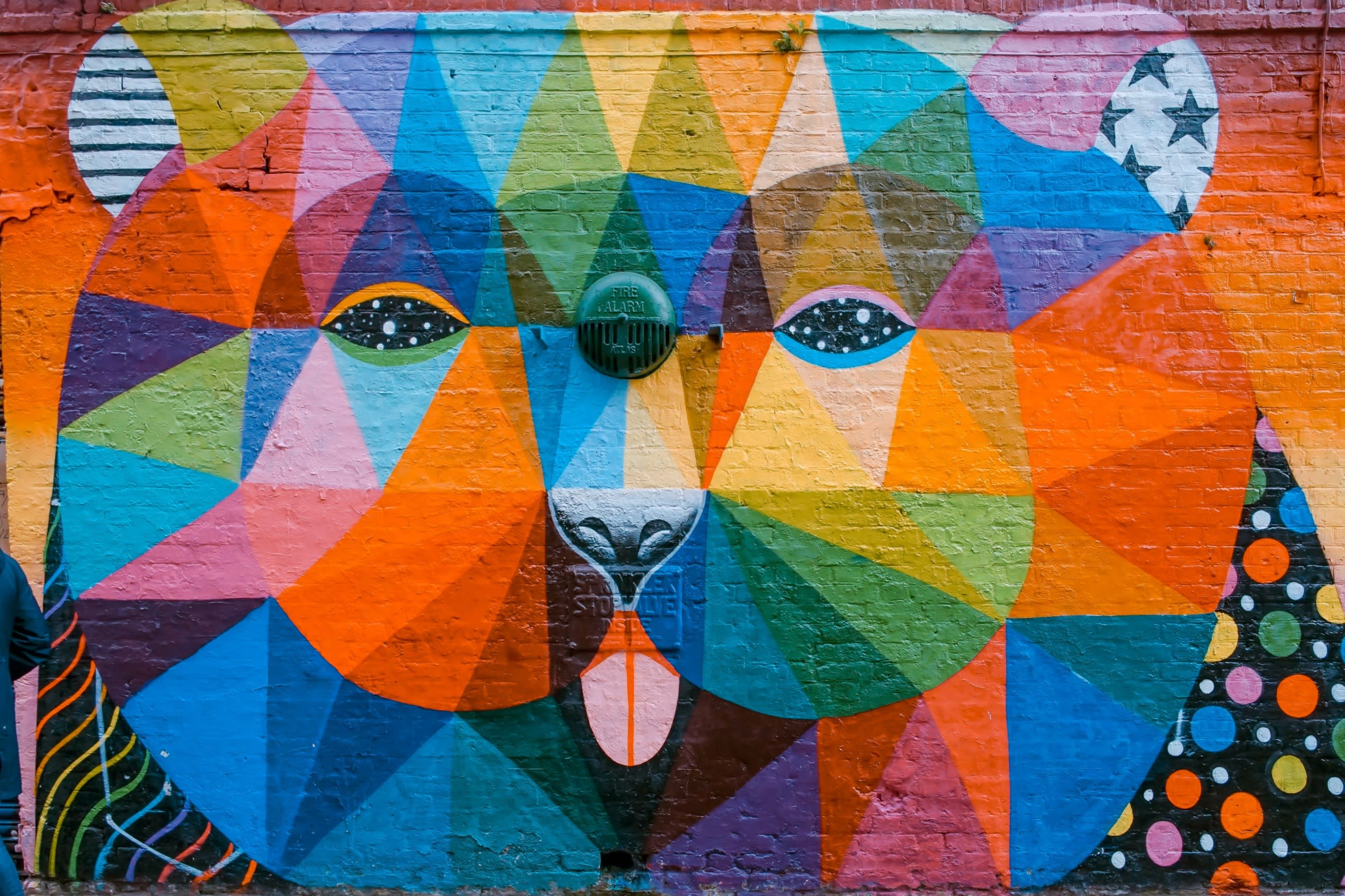 street art in Shoreditch which shows a bear that has been comprised of brightly coloured triangles