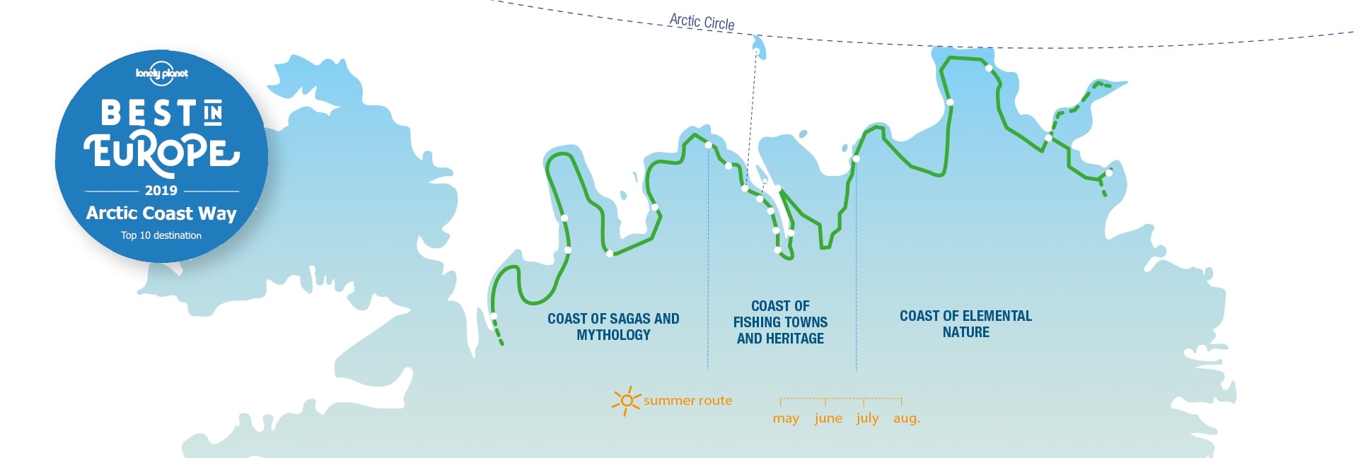 A map of the North of Iceland with a green line representing the proposed route of the Arctic Coast Way