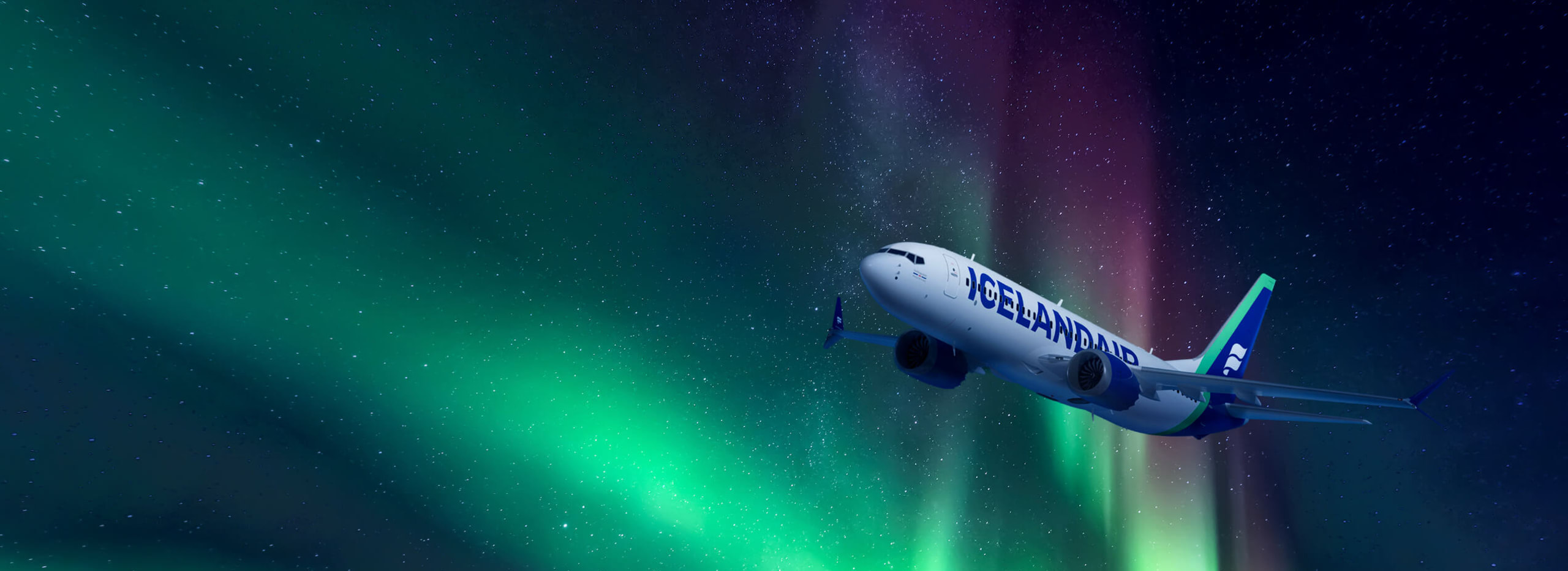 Icelandair plane flying across sky of northern lights.